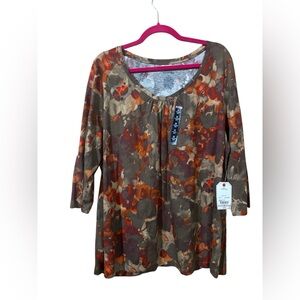 St. John Bay 3/4 Sleeve Scope Neckline Brown Floral Abstract Top Size 2X NWT